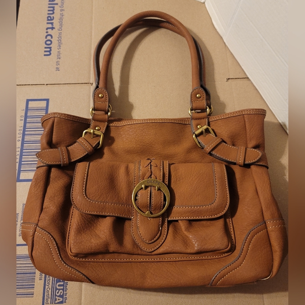 Chaps Brown Foax Leather Purse Shoulder Bag Double Handles Crossbody